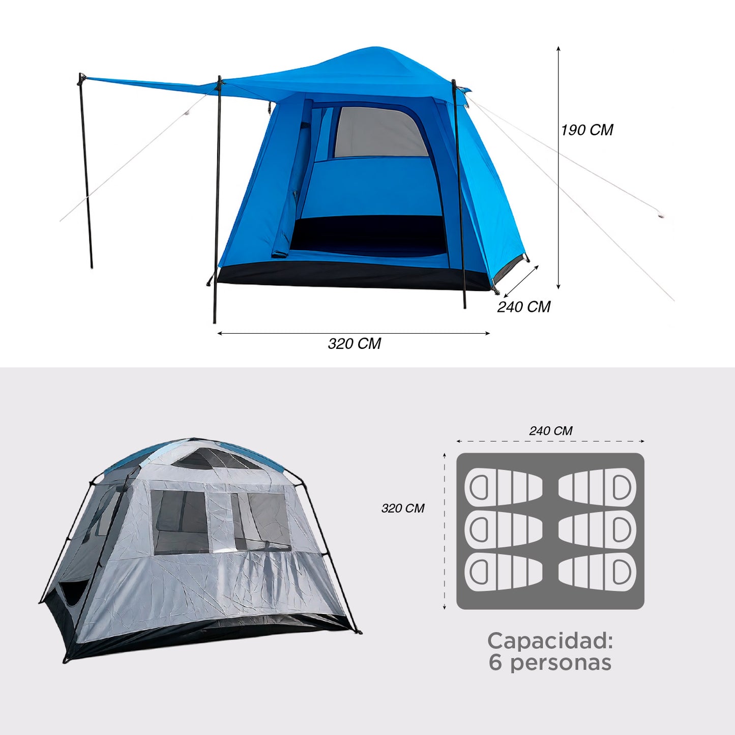 Carpa 12 Personas Camping Outdoor Gris